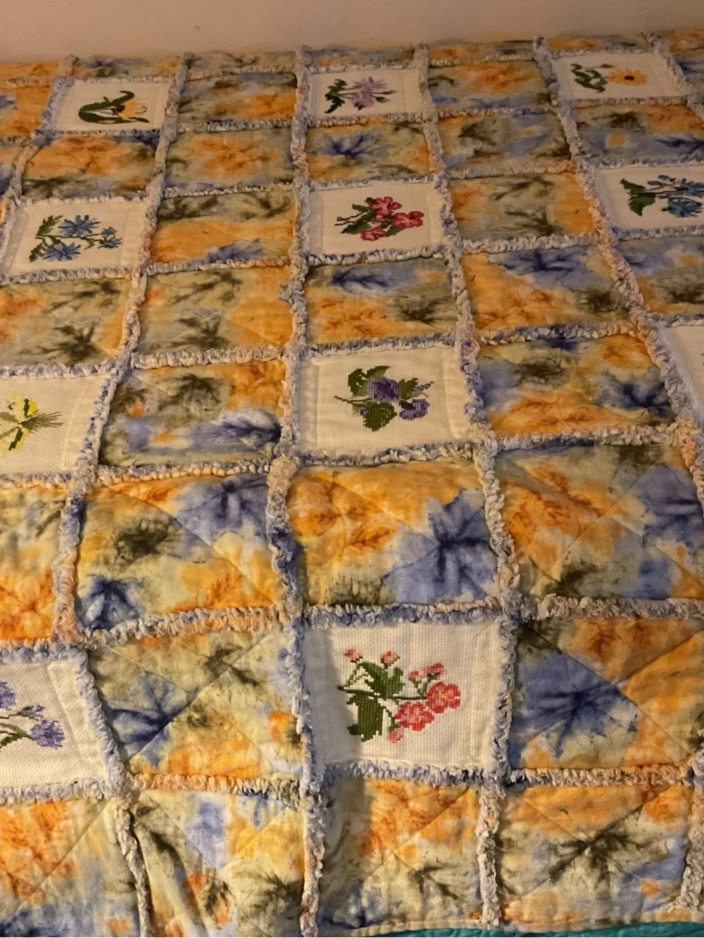 Vintage Handmade Floral Patchwork embroidered Quilt .